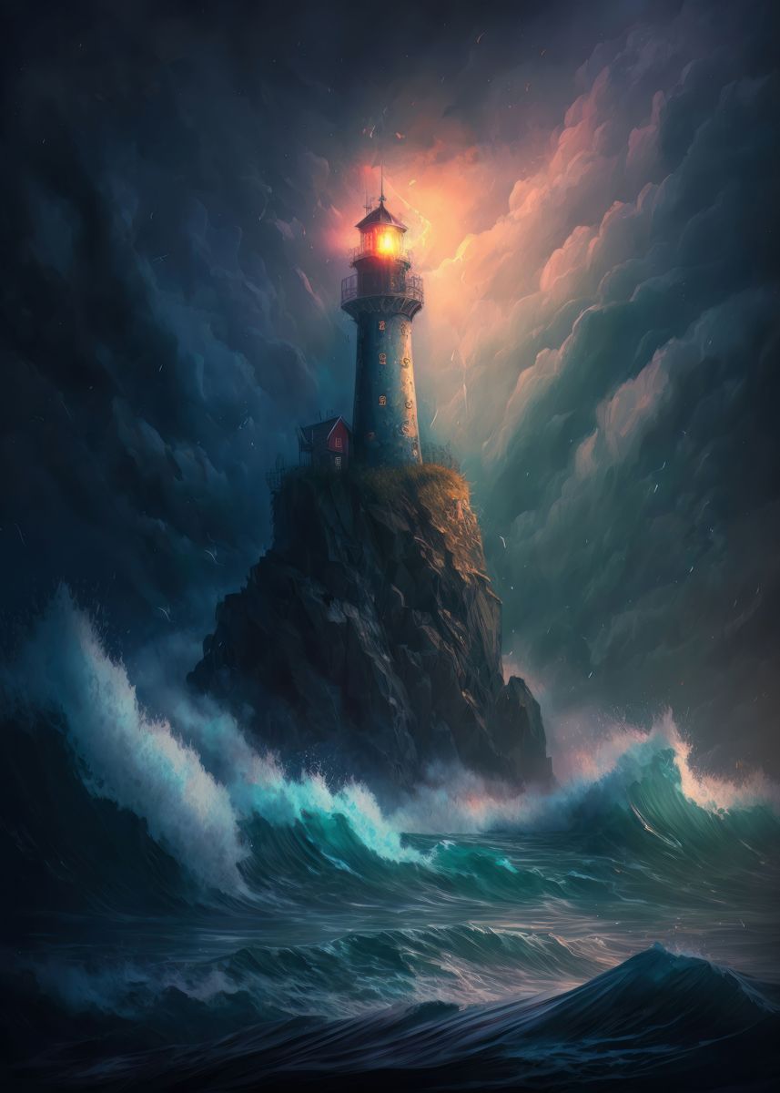 'A Lighthouse in a Storm v6' Poster, picture, metal print, paint by ...