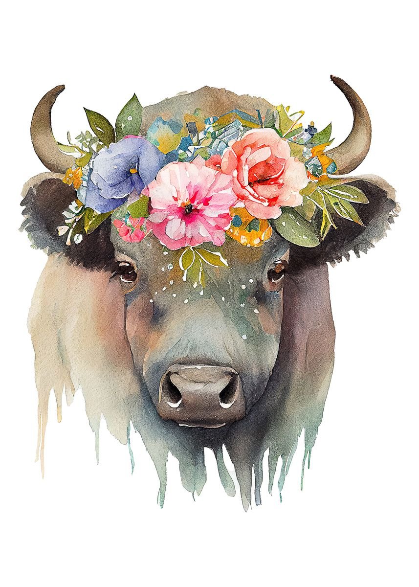 'Watercolor Cute Buffalo' Poster, picture, metal print, paint by Swan ...