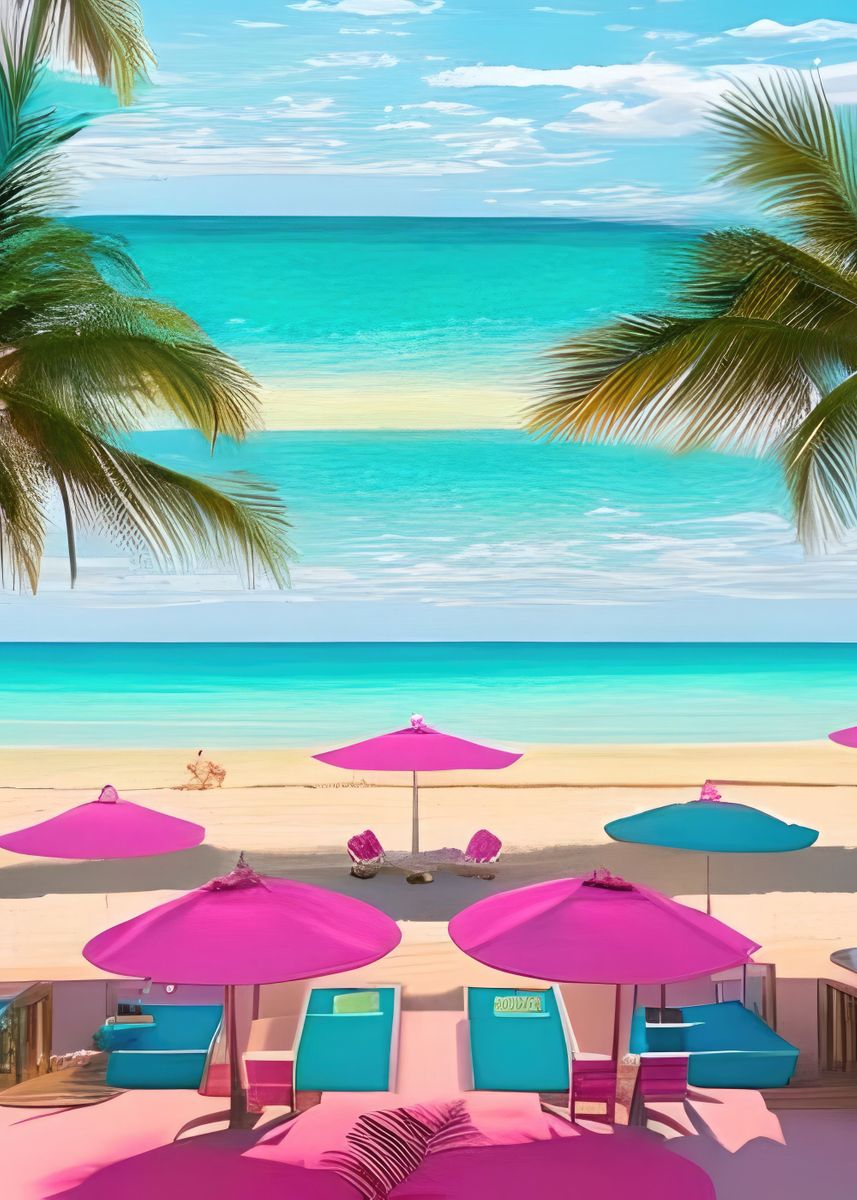 'Pink Beach Umbrellas' Poster, picture, metal print, paint by insideFairy Displate