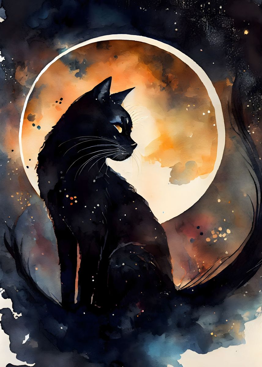 'Black Cat Lunar Eclipse' Poster, picture, metal print, paint by Ali Ch