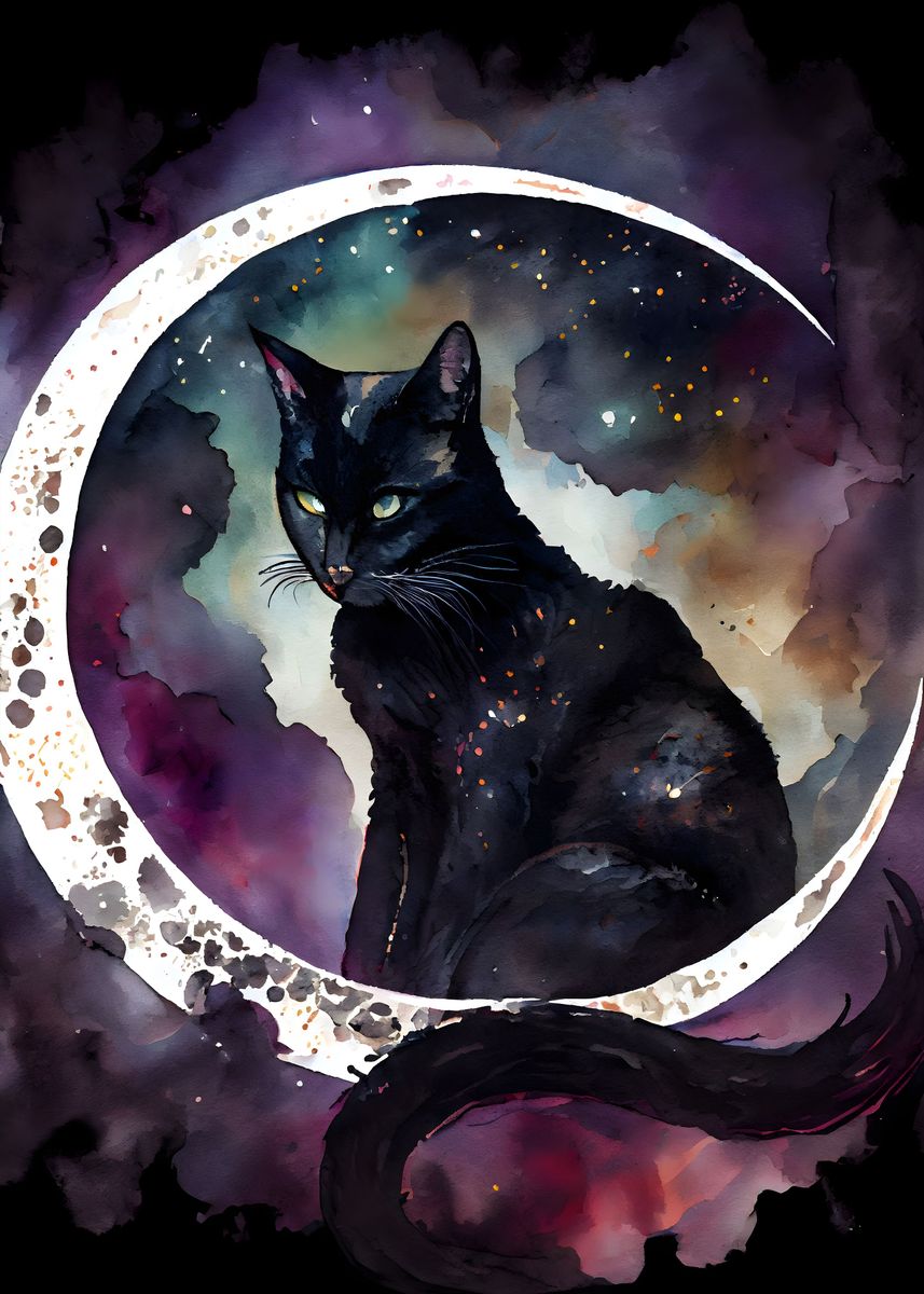 'Black Cat Lunar Eclipse' Poster, picture, metal print, paint by Ali Ch