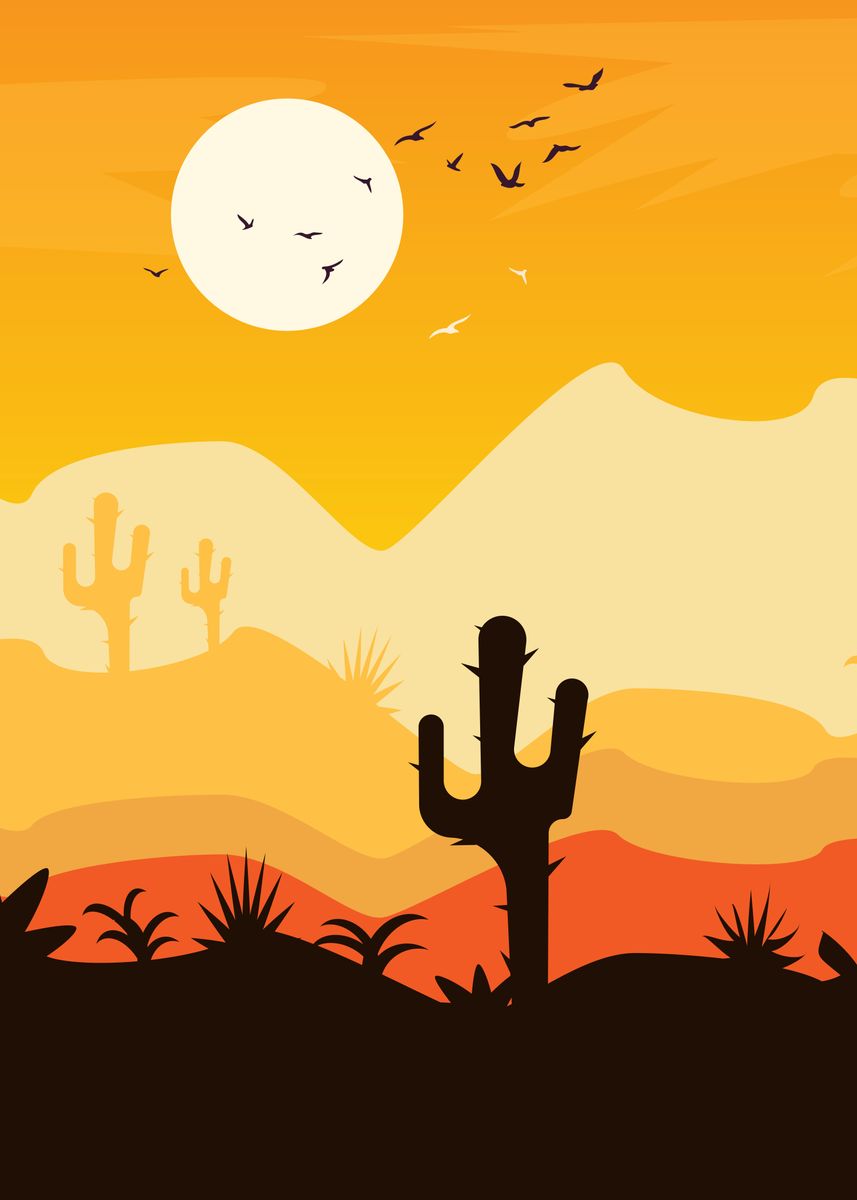 'Desert Sunset Cactus' Poster, picture, metal print, paint by crbn ...