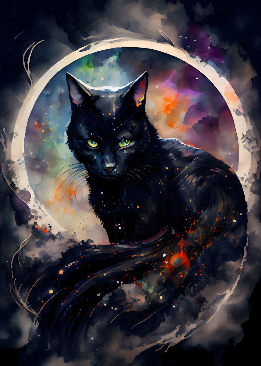 'Black Cat Lunar Eclipse' Poster, picture, metal print, paint by Ali