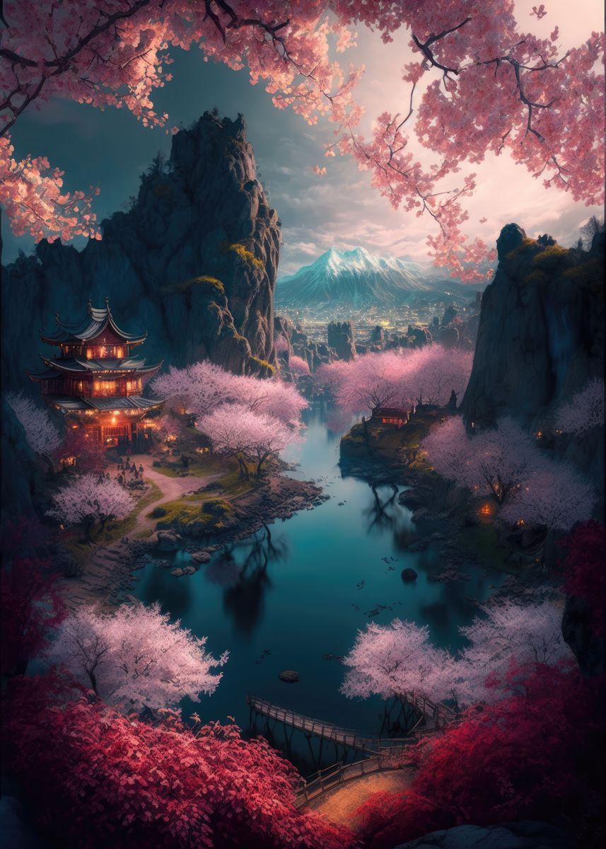 'Blossom Village ' Poster, picture, metal print, paint by FL ART | Displate