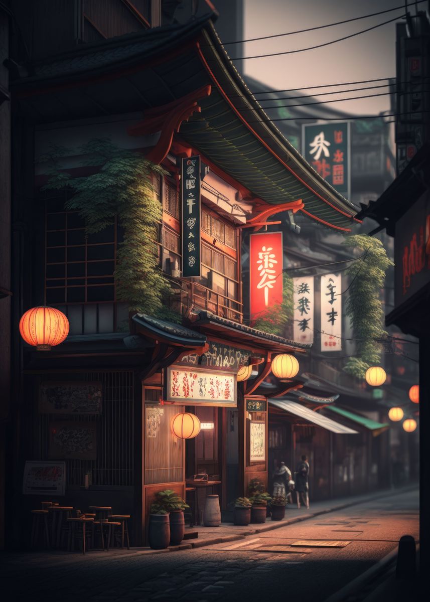 'Evening Market in Japan' Poster, picture, metal print, paint by FL ART ...