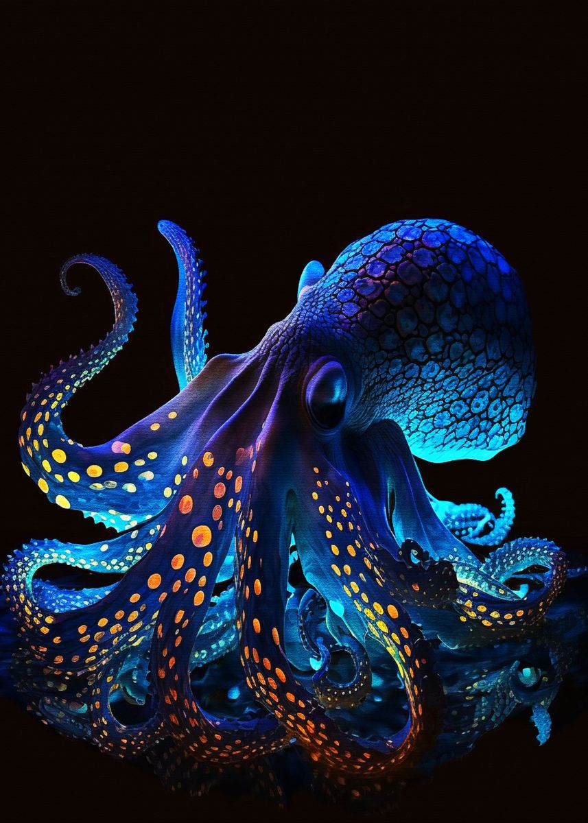 ‘Neon Octopus’ Poster, picture, metal print, paint by Muh Asdar | Displate