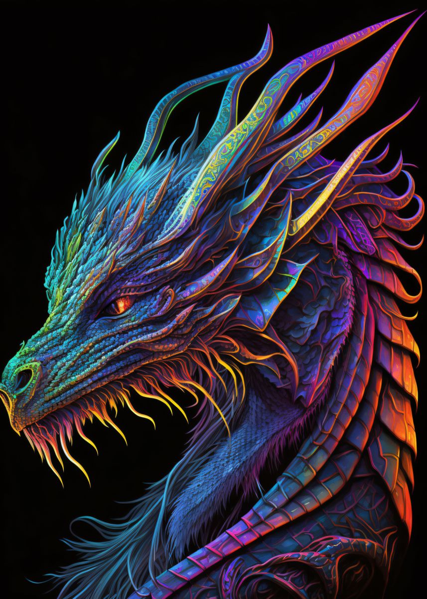 'dragon portrait neon' Poster, picture, metal print, paint by Marc ...