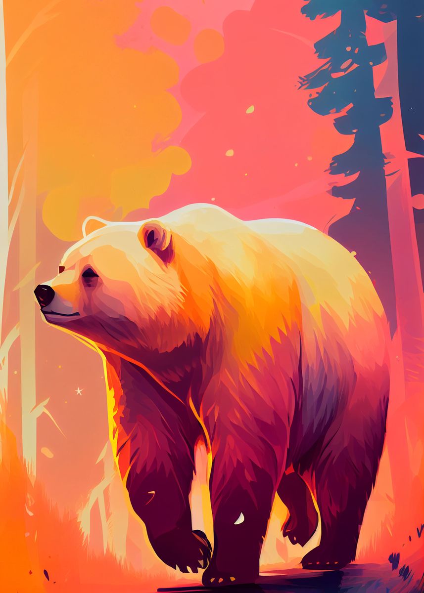 'Bear Sunset' Poster, picture, metal print, paint by DecoyDesign | Displate