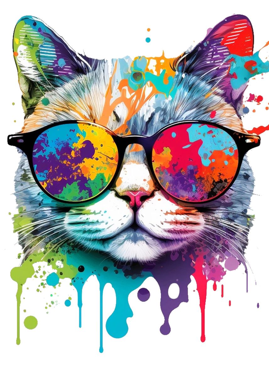'Colorful Cat in Sunglasses' Poster, picture, metal print, paint by Max
