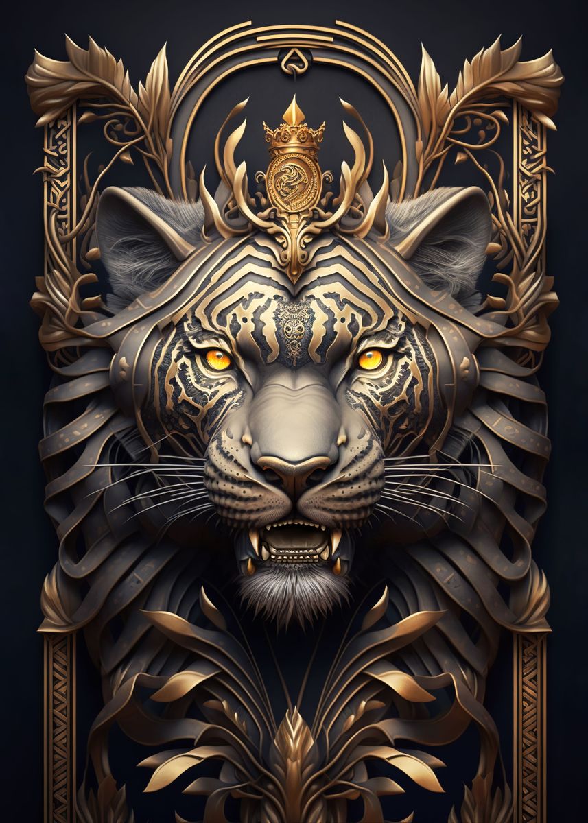'Tiger Lord Golden Art Deco' Poster, picture, metal print, paint by Luong Phat Displate