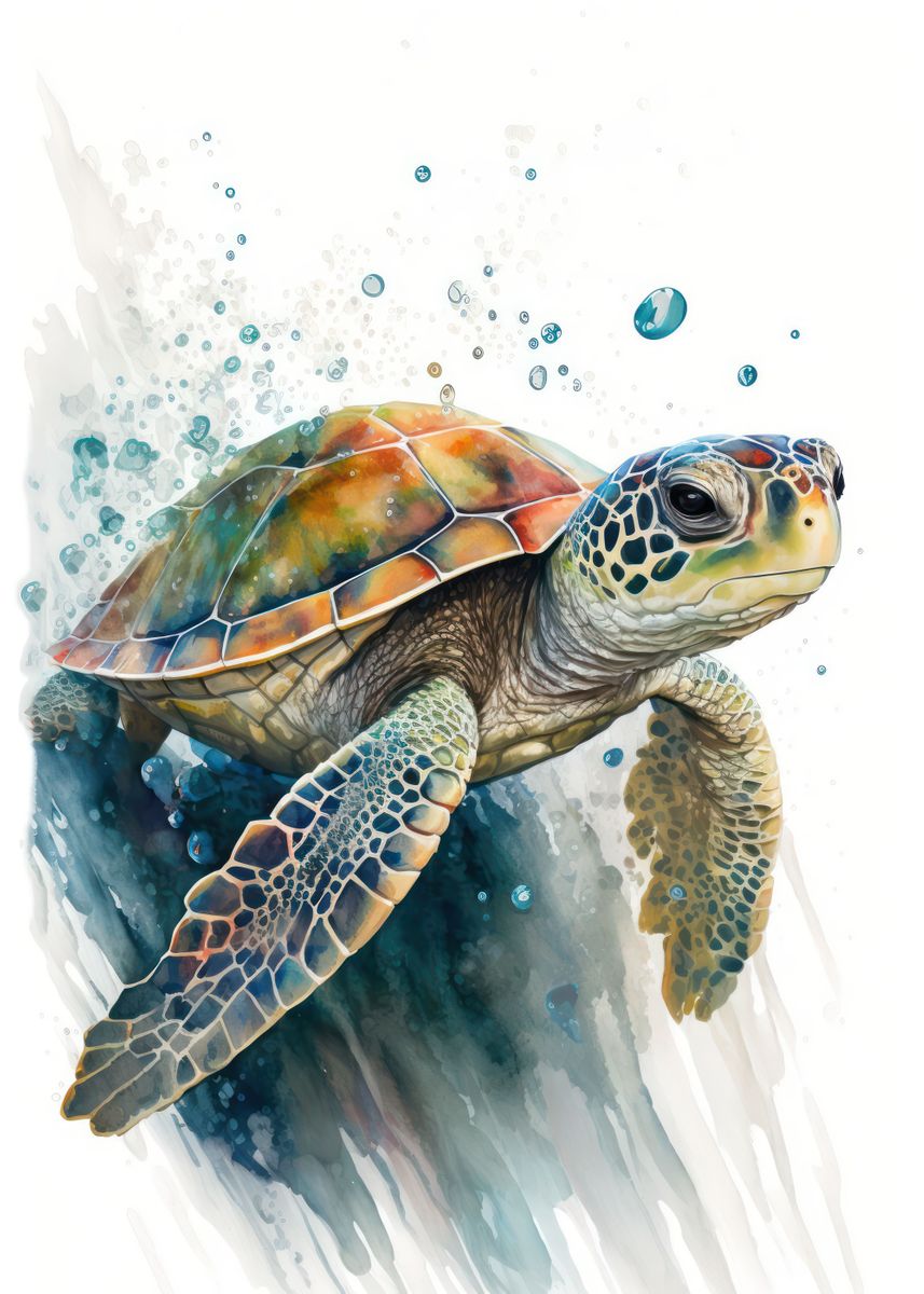 'Turtle Watercolor' Poster, picture, metal print, paint by Usama Design ...