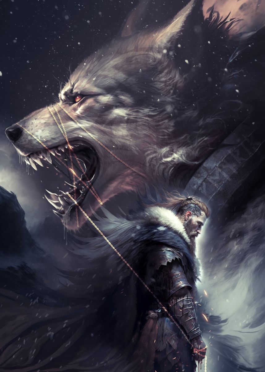 Tyr and Fenrir Hand Signed Print Norse Mythology 