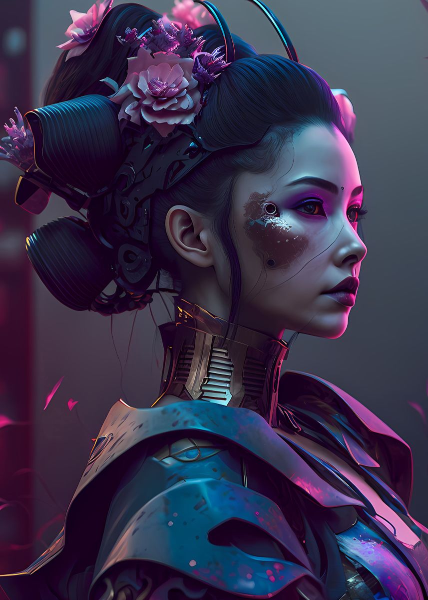 'Geisha Cyberpunk Neon ' Poster, picture, metal print, paint by Jay ...