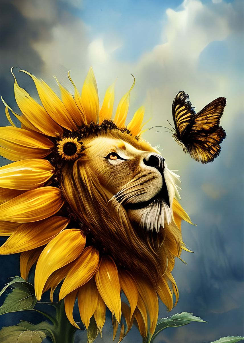 'Lion Sunflower Butterfly' Poster, picture, metal print, paint by Max