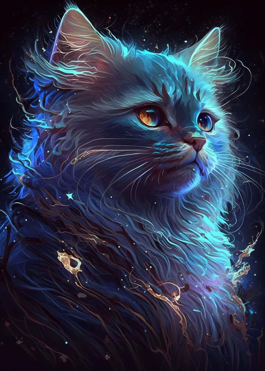Wall Art Print  cat with galaxy fur, celestial and enchanting