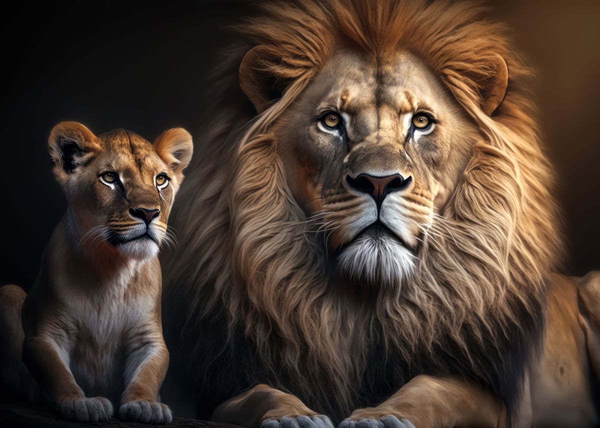 'Lions father and cub' Poster by Volodymyr Burdiak | Displate