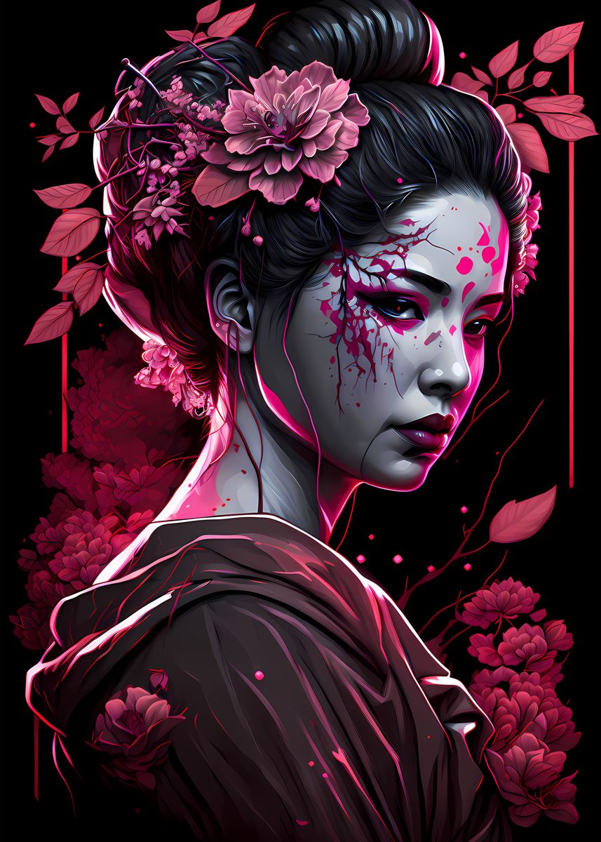 'Geisha Neon Cherry Blossom' Poster, picture, metal print, paint by Jay ...