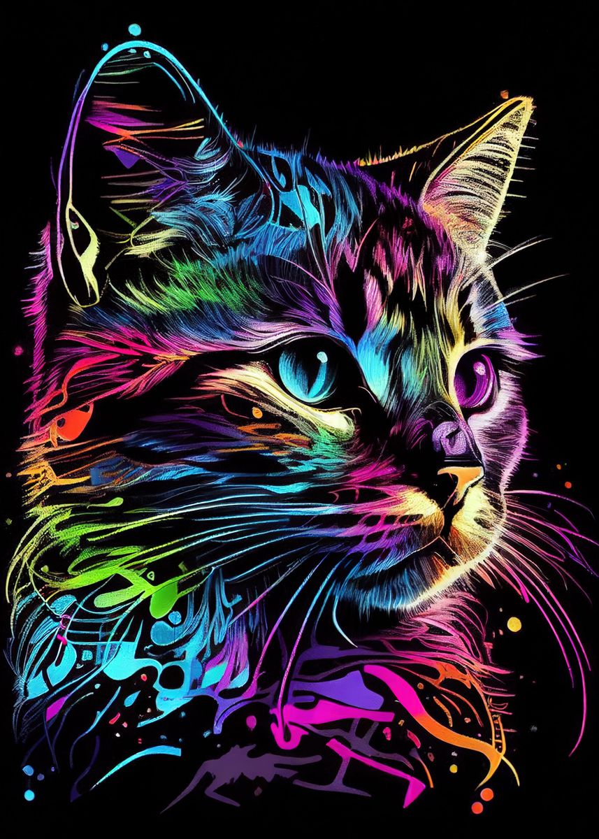 'Colorful Cat Cute Feline' Poster, picture, metal print, paint by ...
