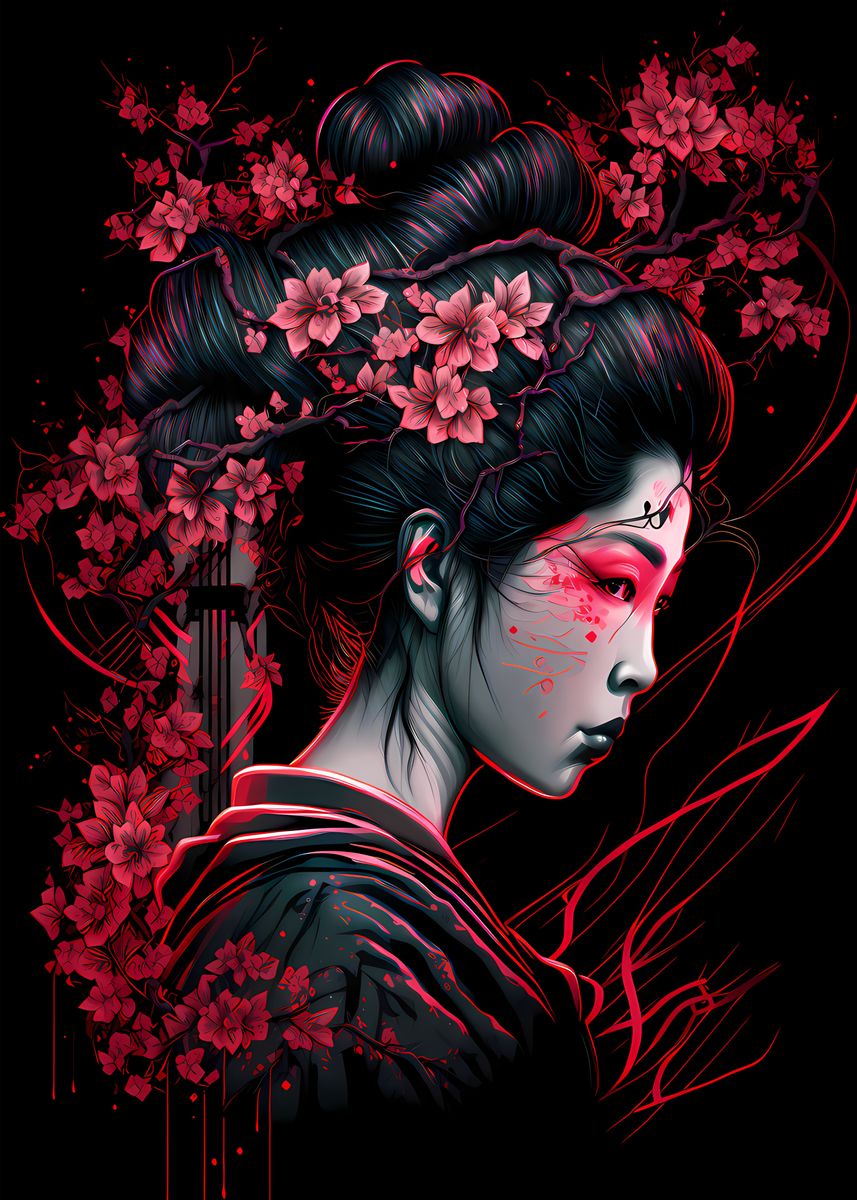 'Geisha Neon Cherry Blossom' Poster, picture, metal print, paint by Jay ...