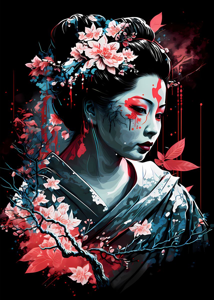 'Geisha Neon Cherry Blossom' Poster, picture, metal print, paint by Jay ...