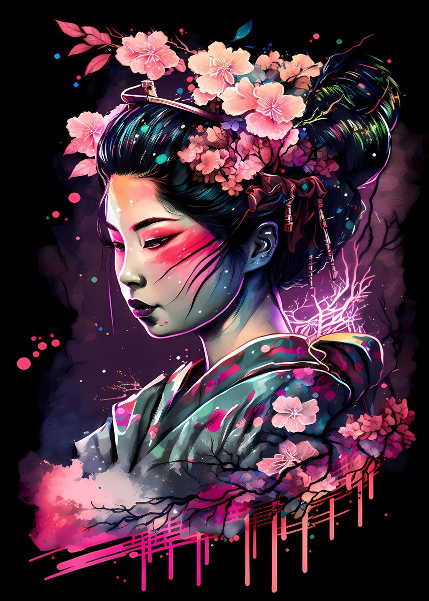 'Geisha Neon Cherry Blossom' Poster, picture, metal print, paint by Jay ...
