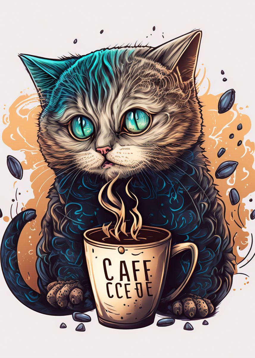 'cat drinking coffee' Poster by Luke Emery Displate