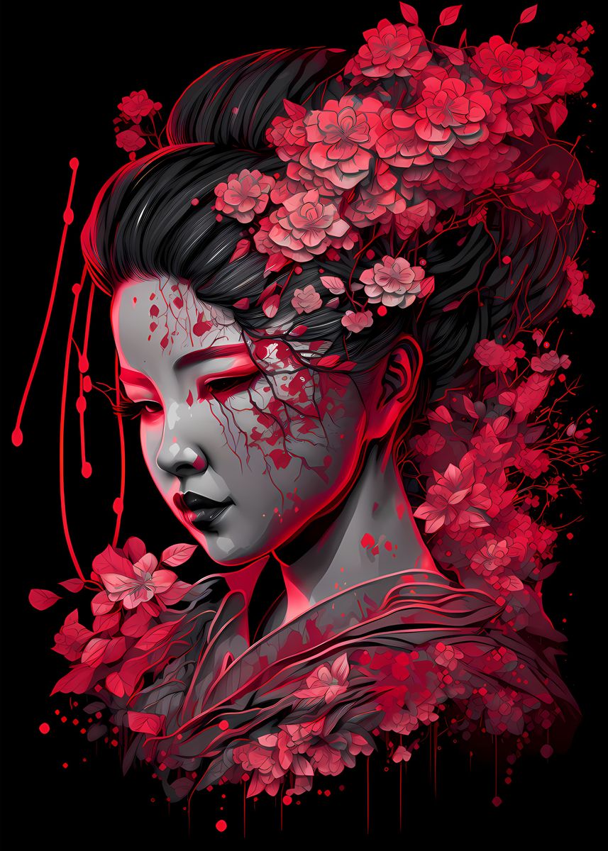 'Geisha Neon Cherry Blossom' Poster, picture, metal print, paint by Jay ...