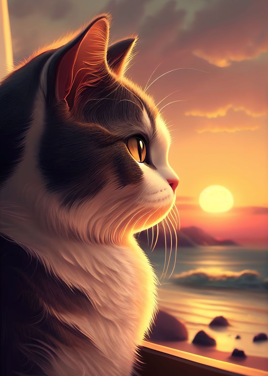 Cute Cat Looking At Sunset' Poster by Whimsical Animals | Displate