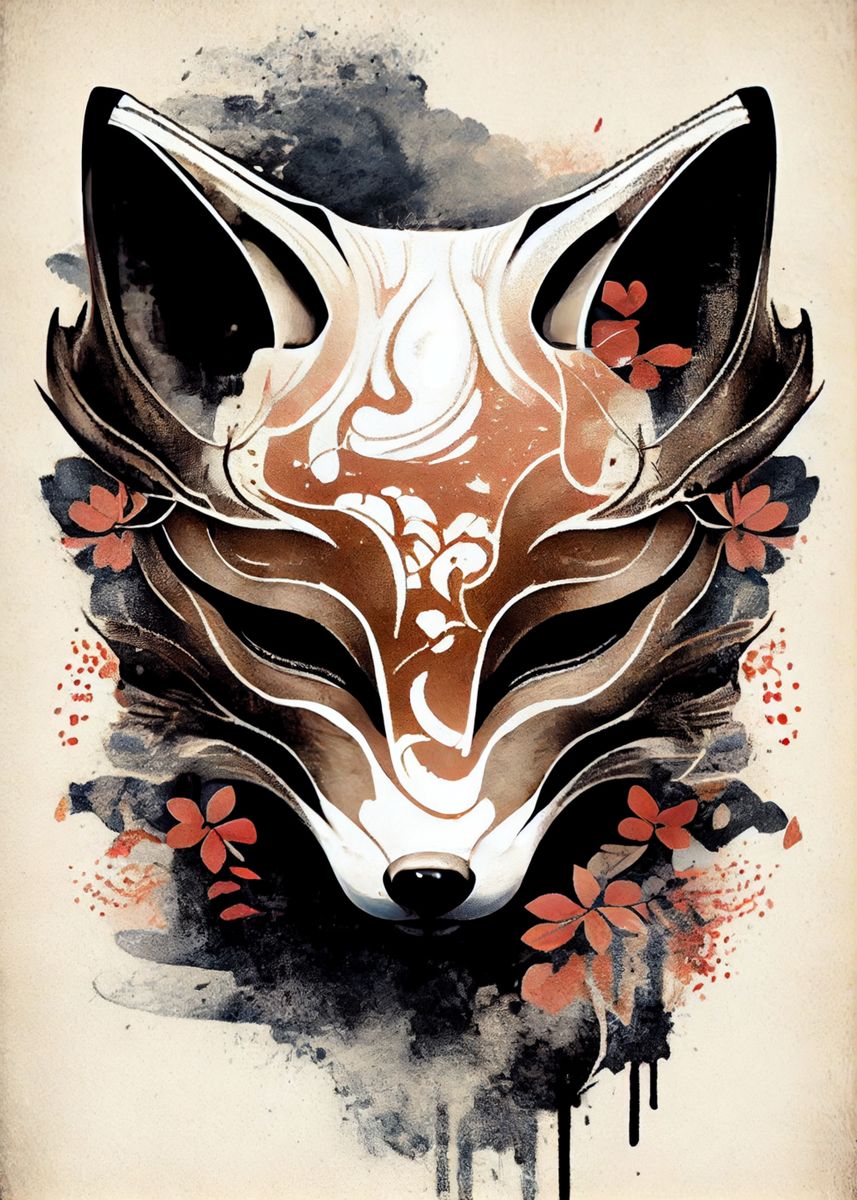 Kitsune Fox Mask Ink Wash' Poster, picture, metal print, paint by  mcmtdesigns