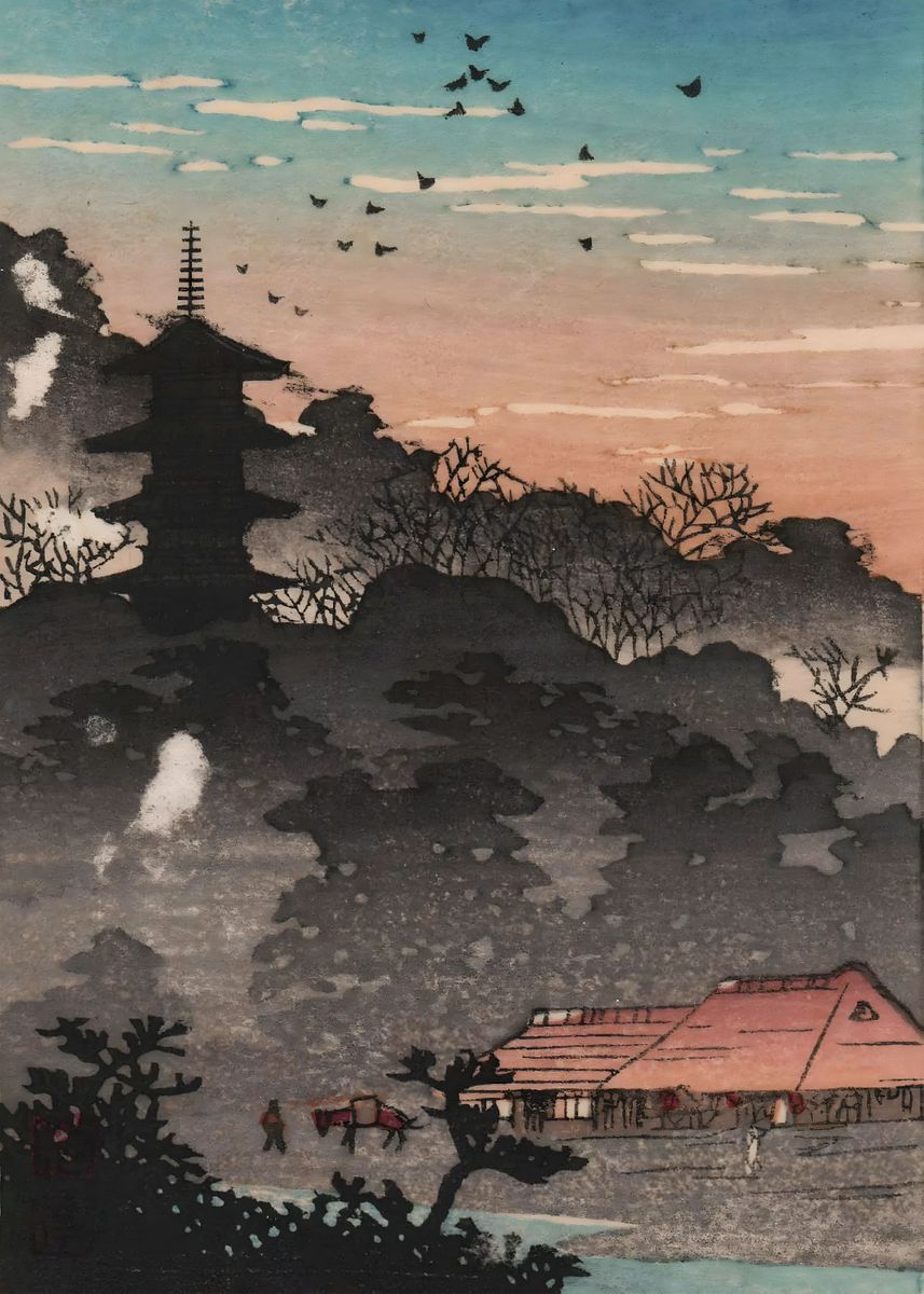 Ukiyo E Evening Pagoda Poster Picture Metal Print Paint By ukiyo-e-evening-pagoda-poster-picture-metal-print-paint-by