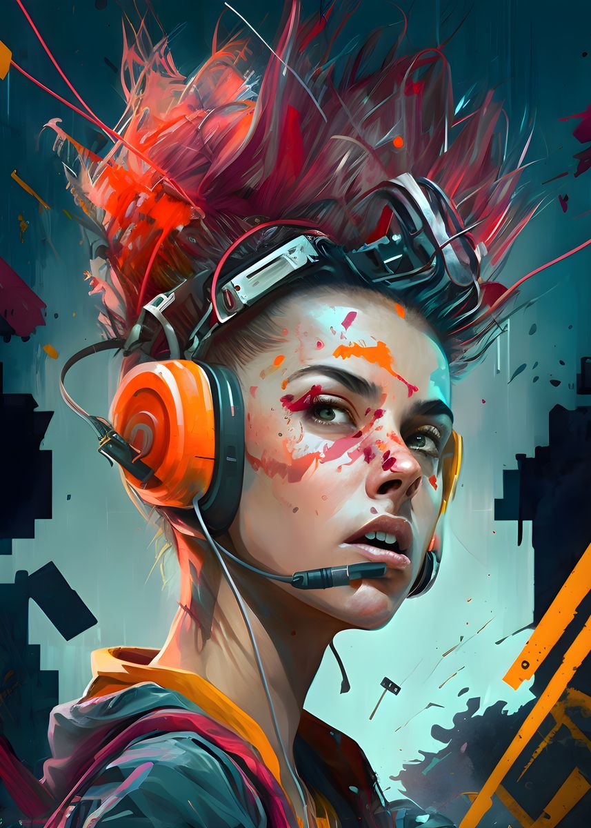'Girl with headphones AI' Poster, picture, metal print, paint by AI and