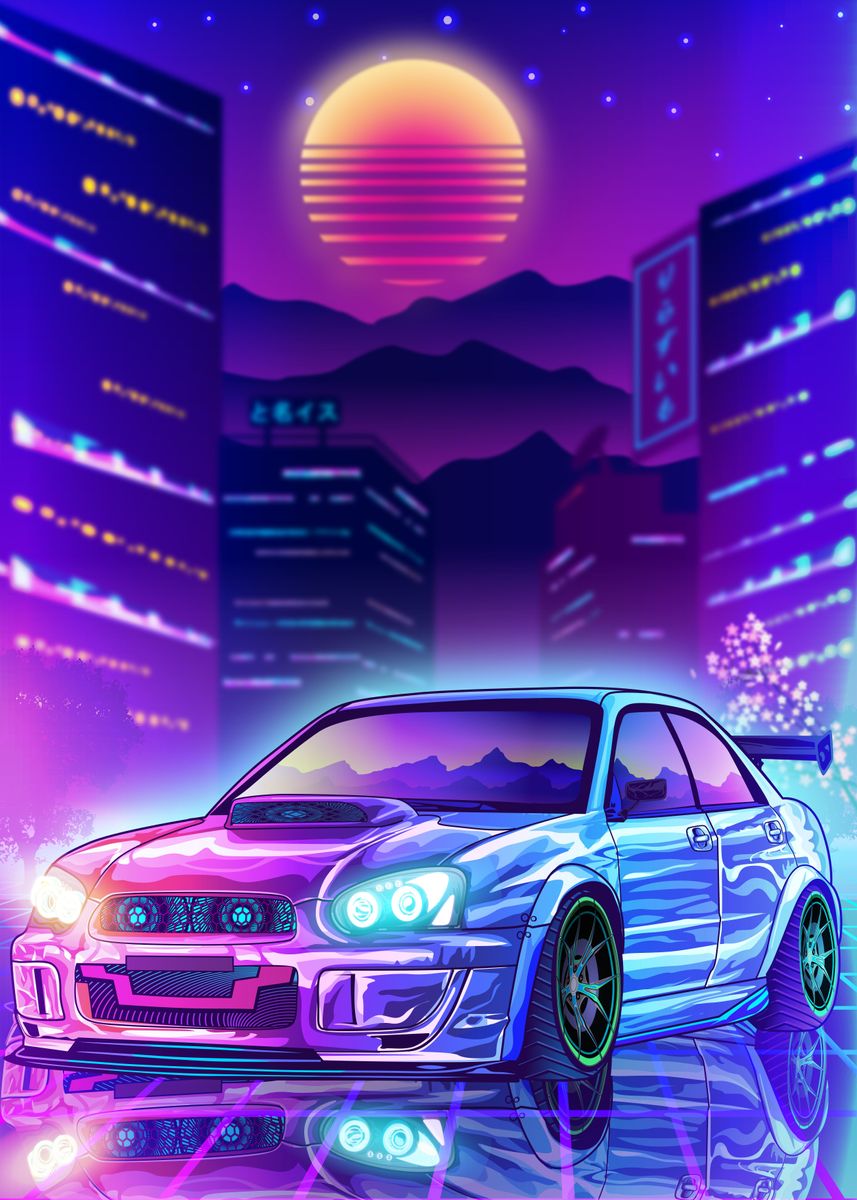 'Subaru WRX Synthwave City' Poster, picture, metal print, paint by ...