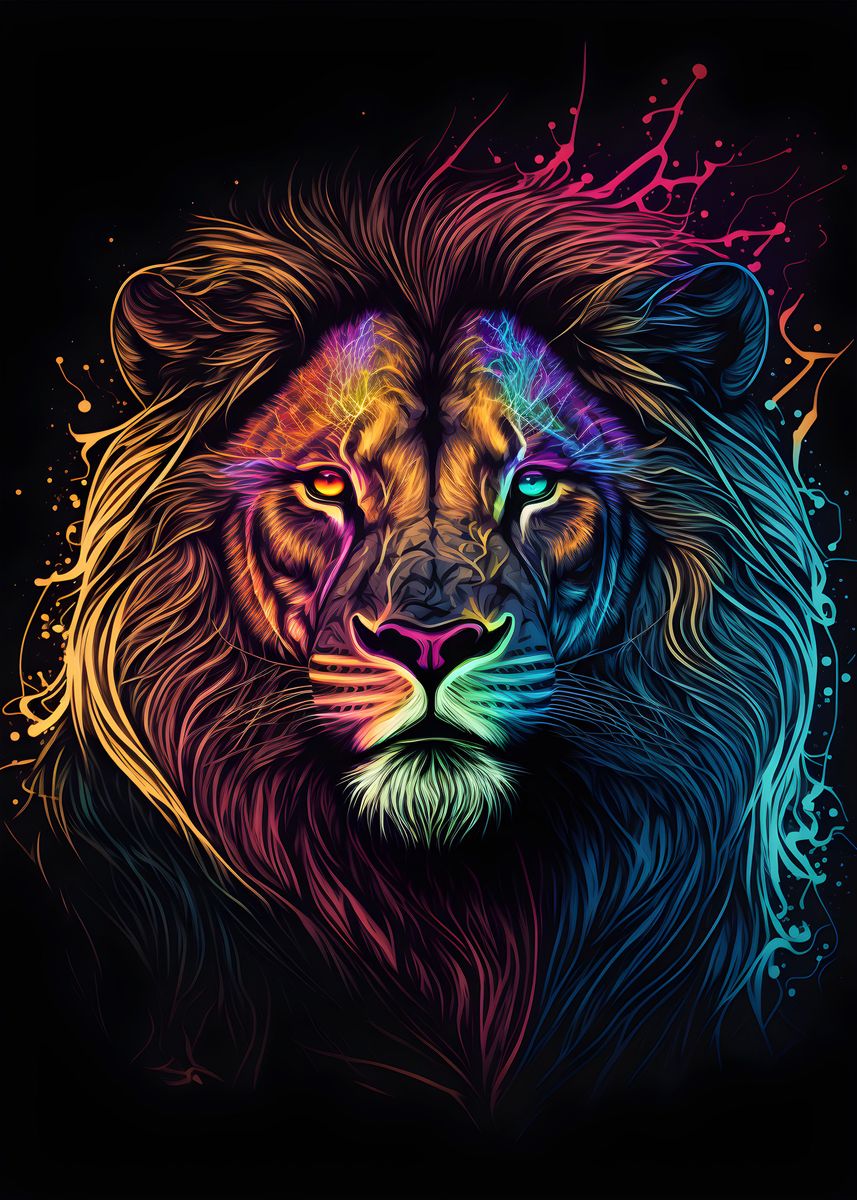 'Neon Lion Animal' Poster, picture, metal print, paint by Phil | Displate