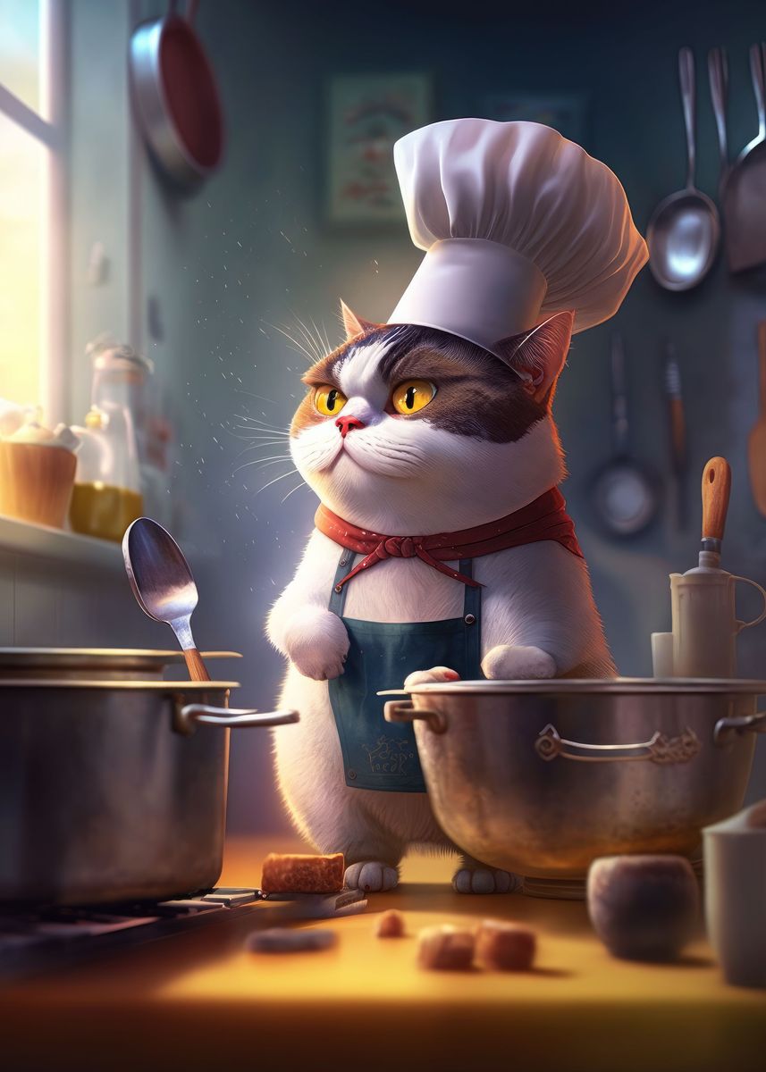 'Funny Cat Chef Cook' Poster, picture, metal print, paint by Zenzdesign