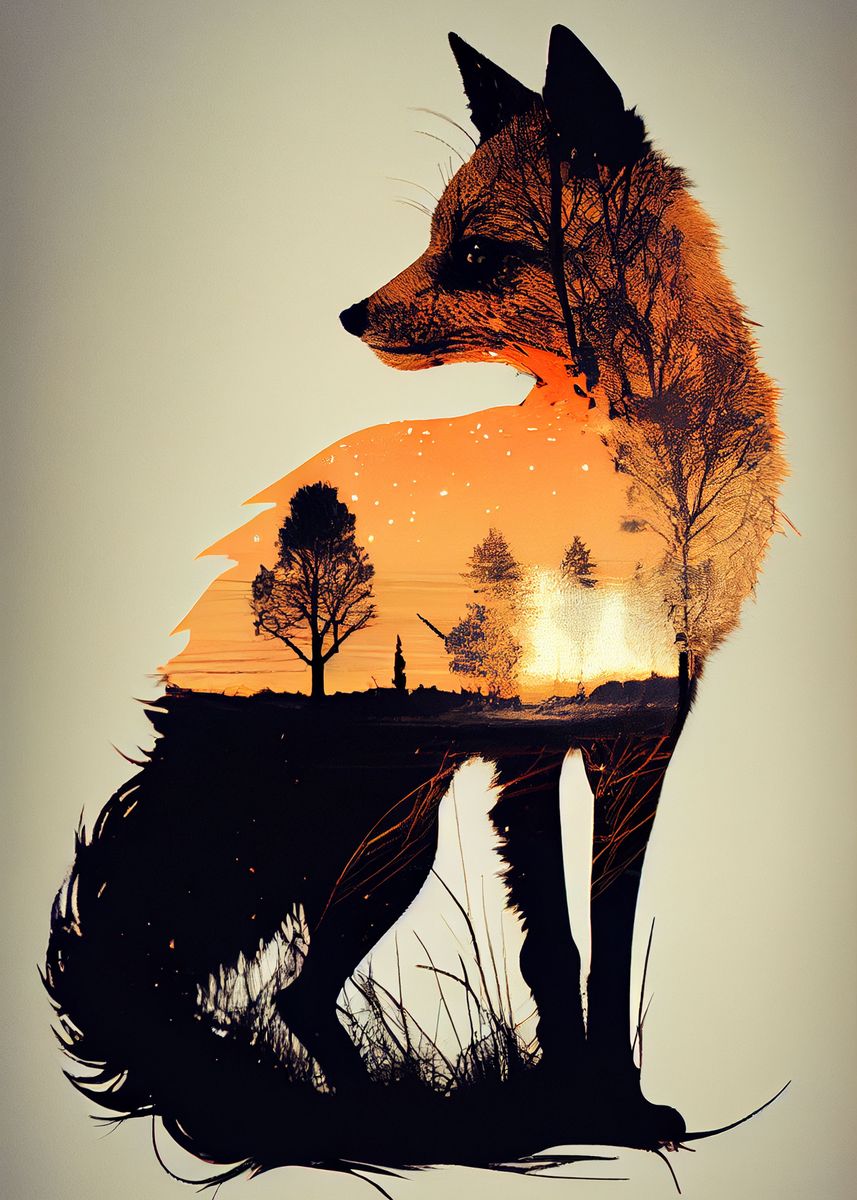 paint metal Poster, by | print, Displate Silhouette\' DecoyDesign picture, Fox