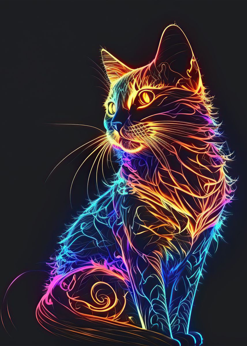 'Neon cat ' Poster, picture, metal print, paint by Ahmet Thorpe | Displate