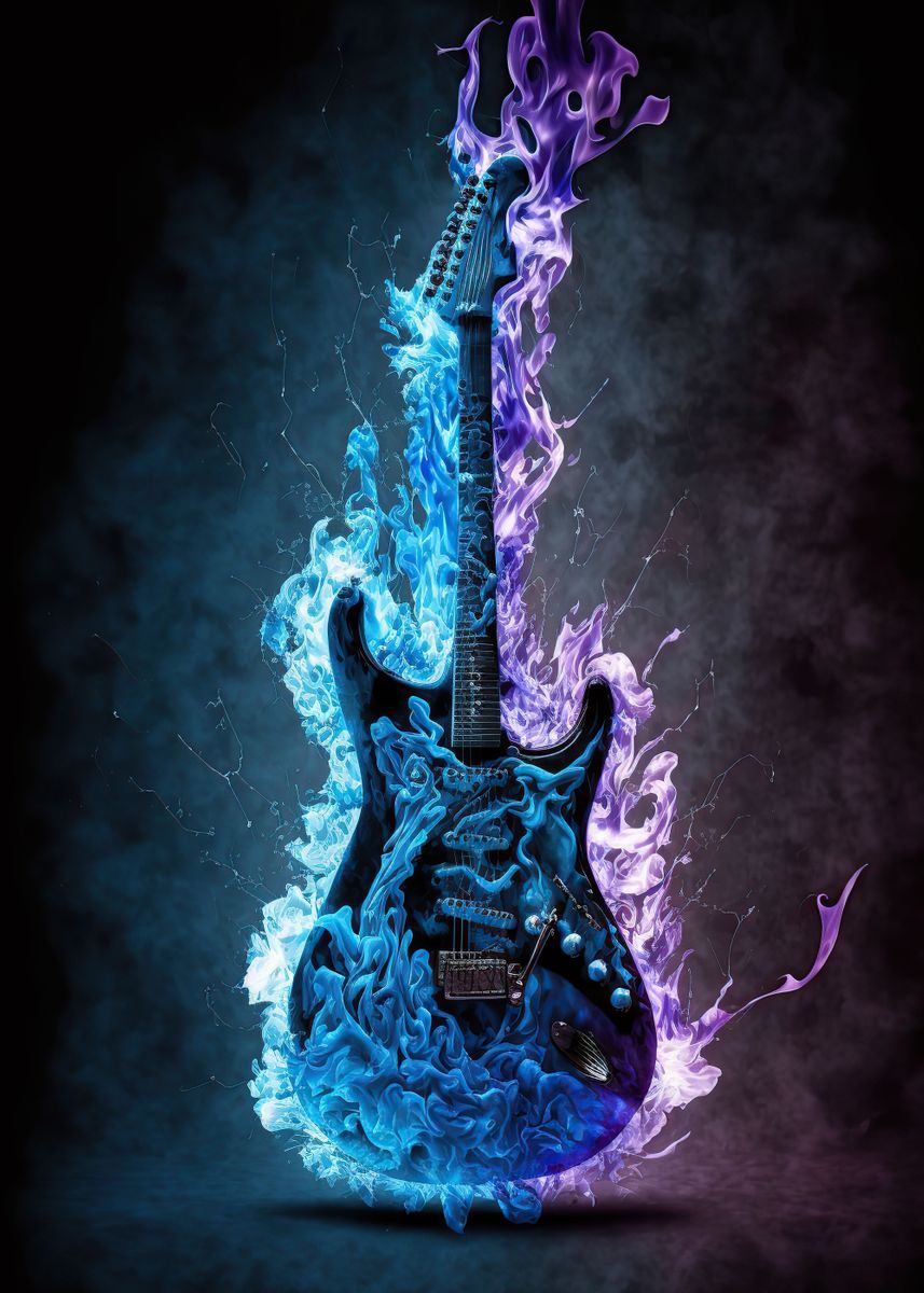 blue flaming guitar wallpaper