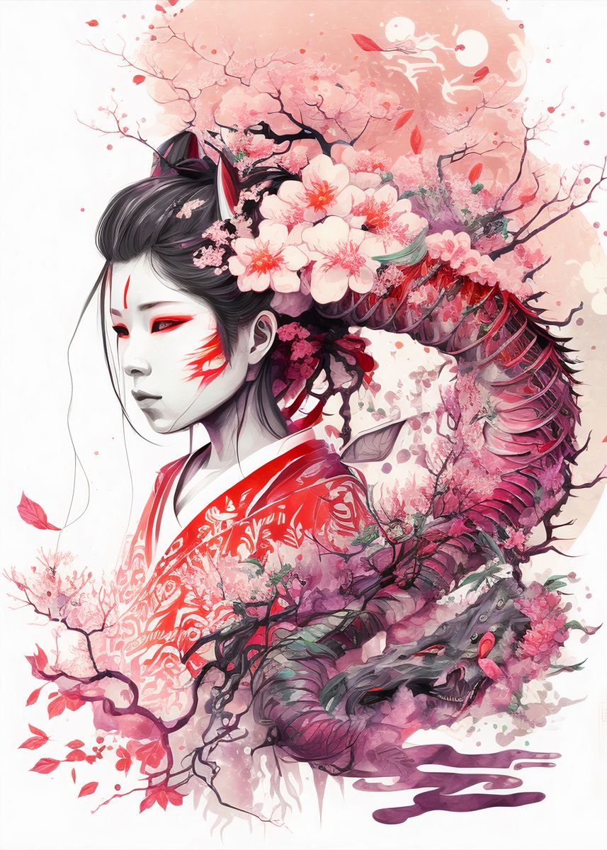 'geisha Dragon' Poster, Picture, Metal Print, Paint By Graphic Japanese 