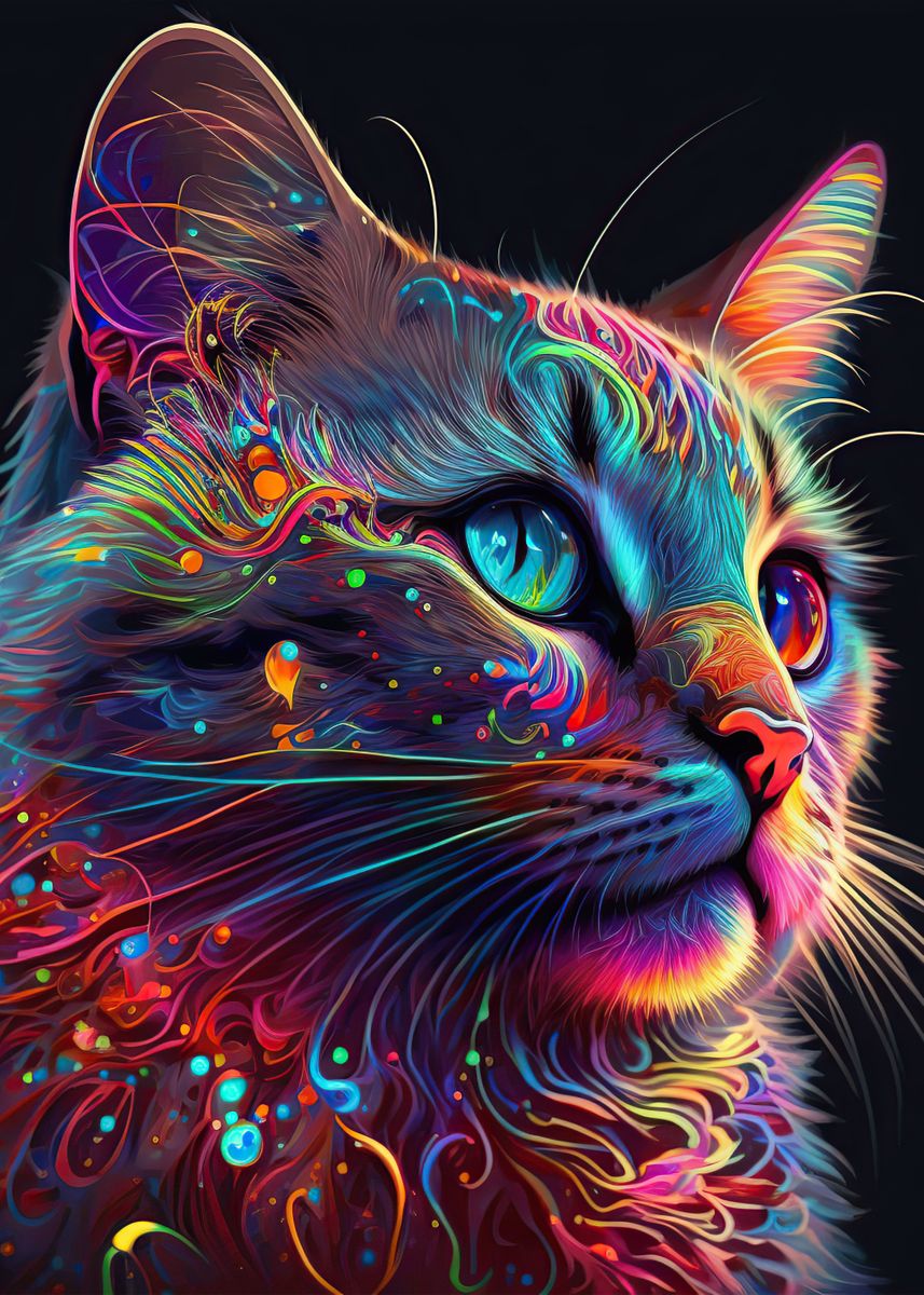 'Neon cat ' Poster, picture, metal print, paint by Ahmet Thorpe | Displate