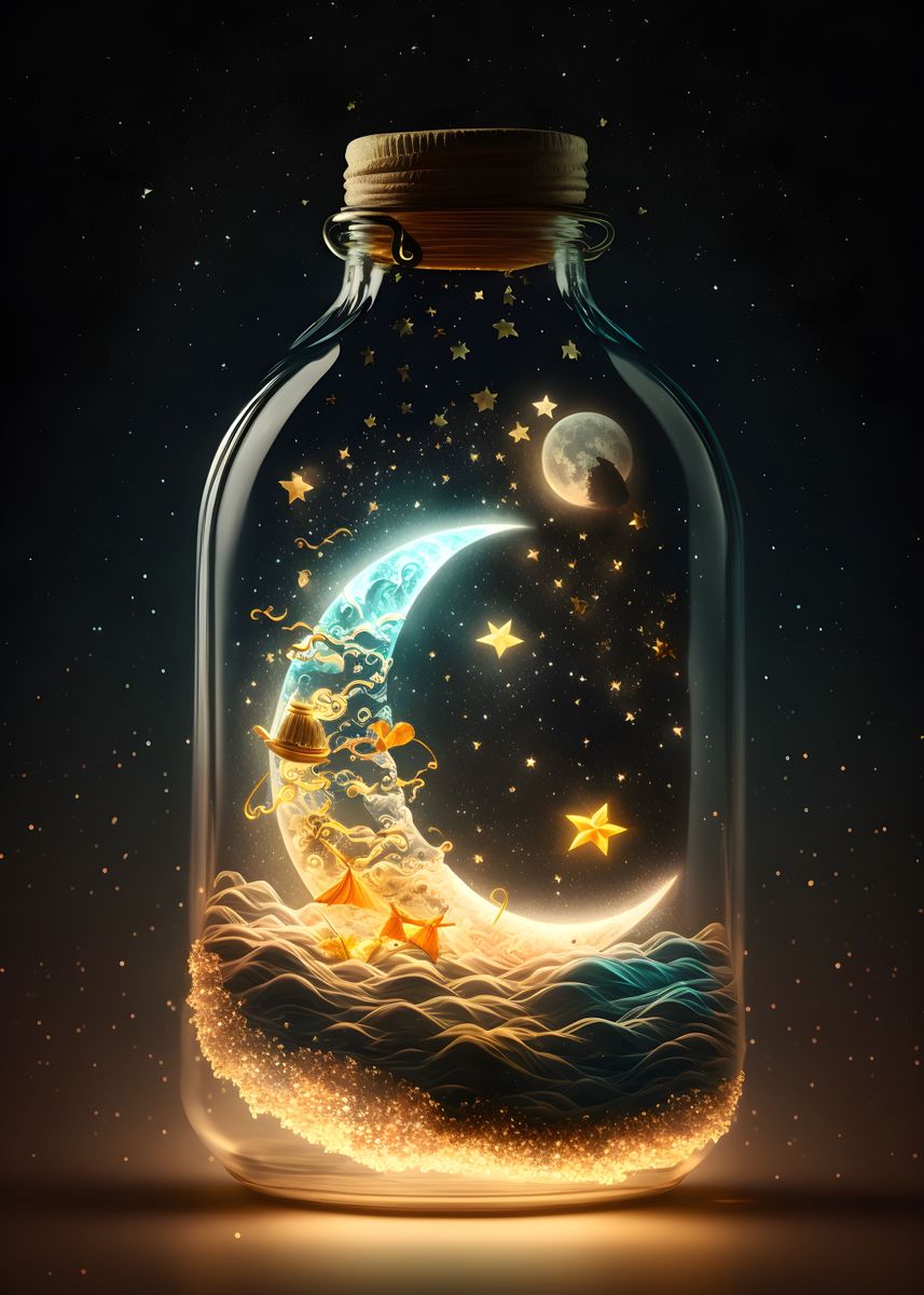 'Moon magic in bottle' Poster, picture, metal print, paint by AI and ME ...