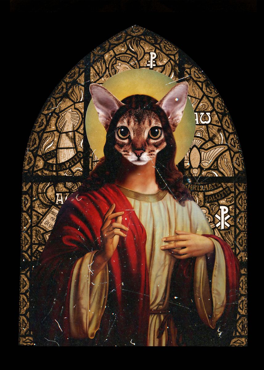 'Cat Jesus' Poster, picture, metal print, paint by Cool Worker | Displate