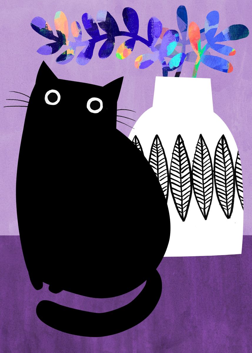 'Black Cat on Iris' Poster by Angie Rozelaar | Displate