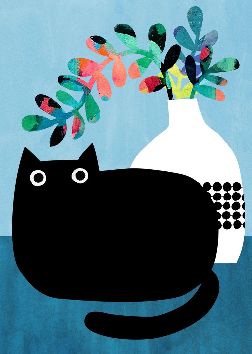 'Black Cat on French Blue' Poster by Angie Rozelaar | Displate