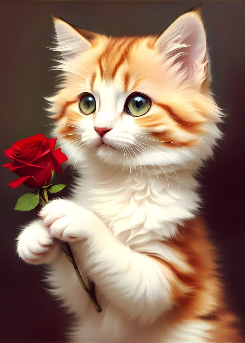 'Cute Cat Holding a Rose' Poster by AnneLaure GOUPIL | Displate