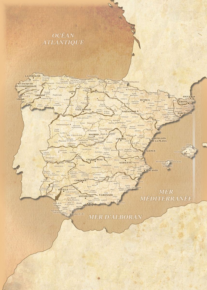 'Map of Spain : Vintage' Poster, picture, metal print, paint by Ghost ...