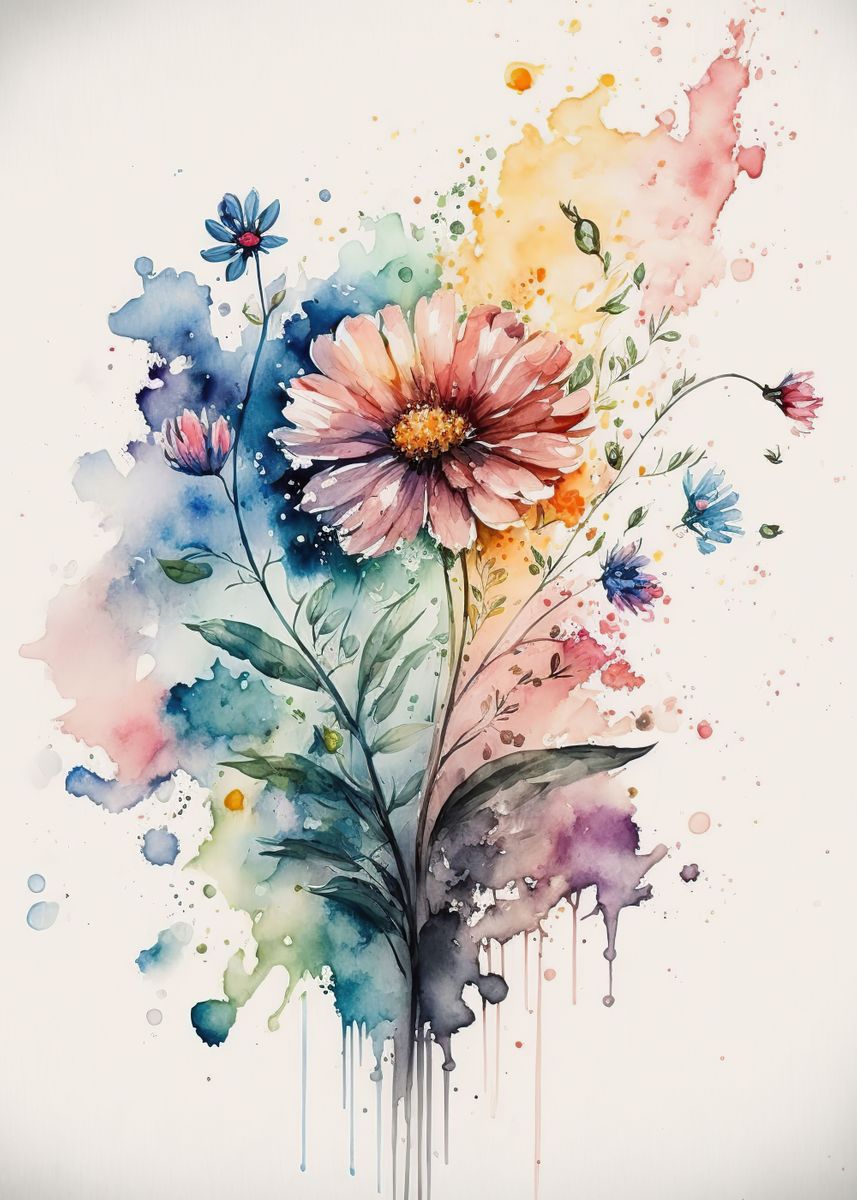 Flowers & Flutters' Water Colour Art' Poster, picture, metal print, paint  by Sillier Than Sally, Displate