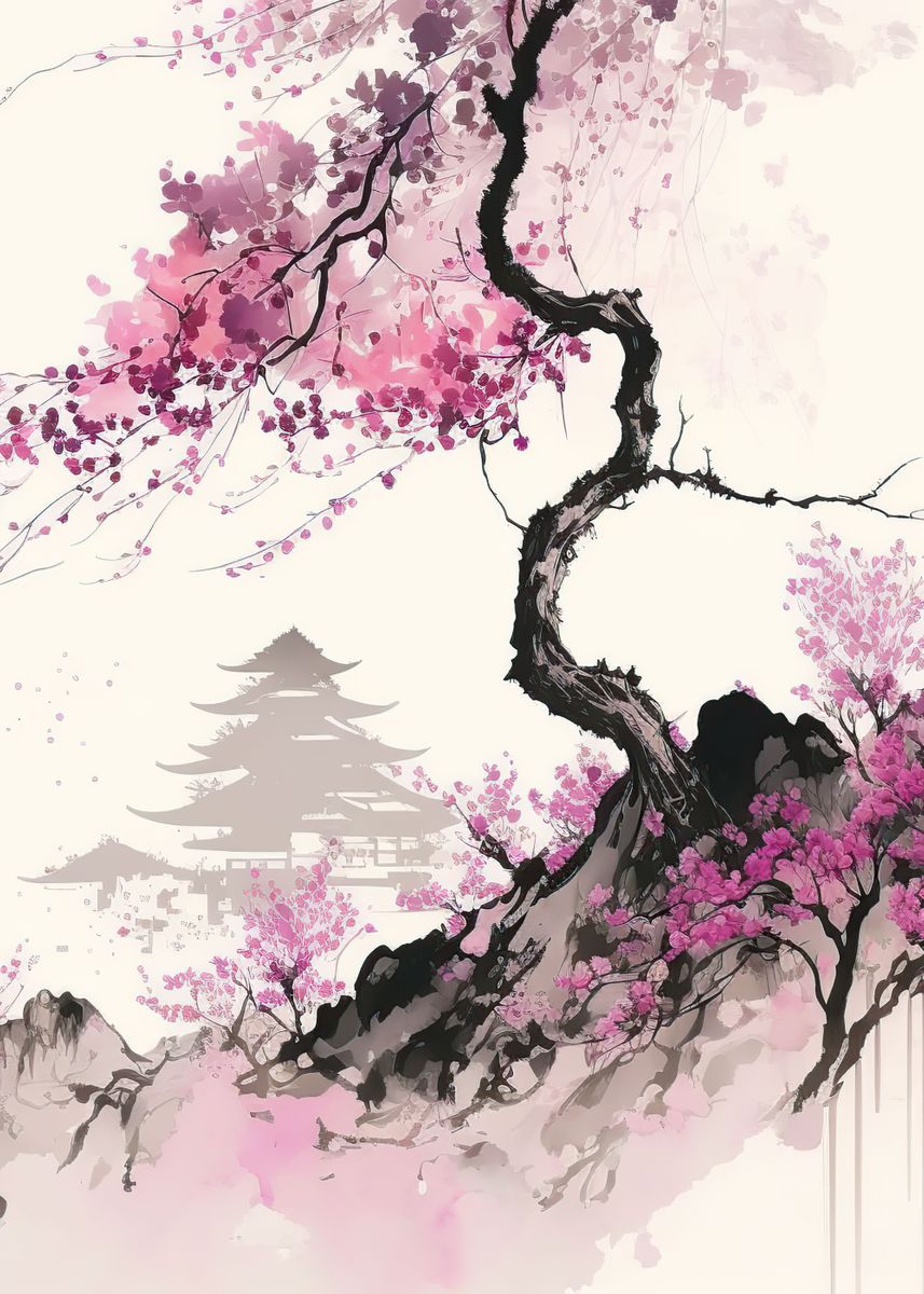 'japanese cherry blossoms' Poster, picture, metal print, paint by ...