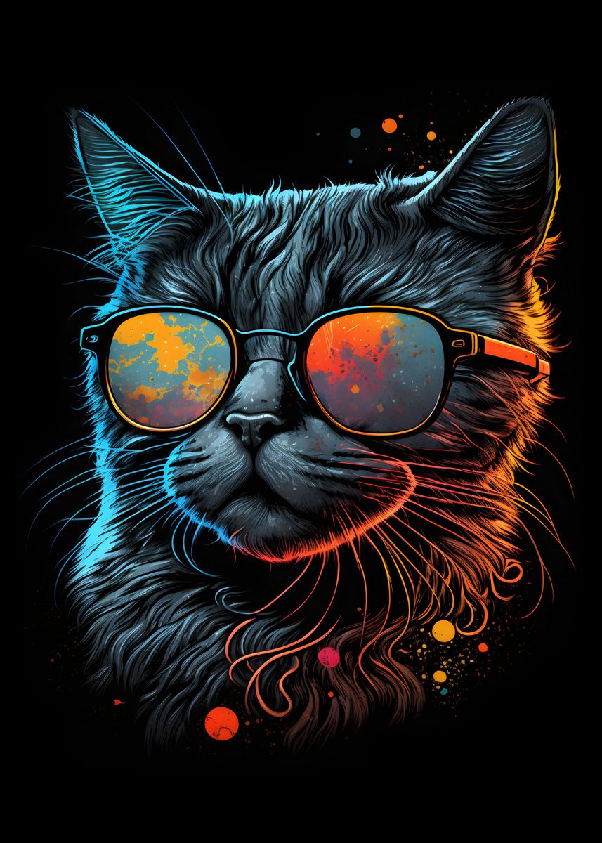 'Retro Cat Art With Glasses' Poster, picture, metal print, paint by Art ...