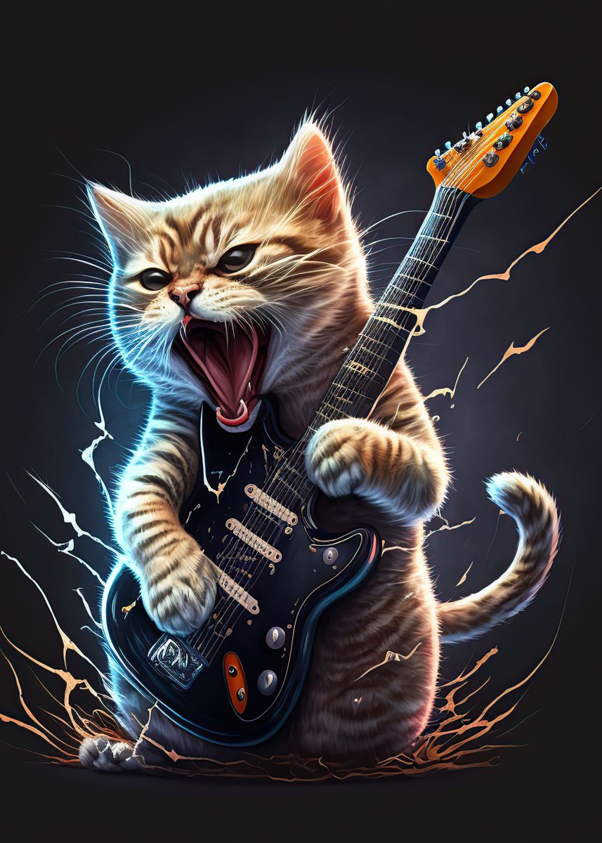 'Cat playing guitar ' Poster, picture, metal print, paint by Atlas Mcguire Displate