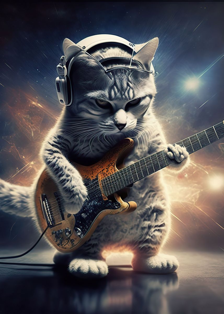 'Cat playing guitar ' Poster, picture, metal print, paint by Atlas Mcguire Displate